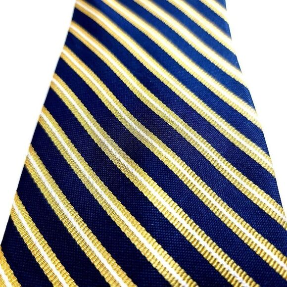 Tommy Hilfiger Blue Gold Striped Woven Silk Tie - Picture 2 of 6